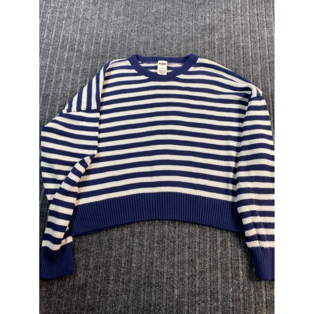 PINK Victoria's Secret Sweater Women M Blue White Striped Cropped Sleeve Detail